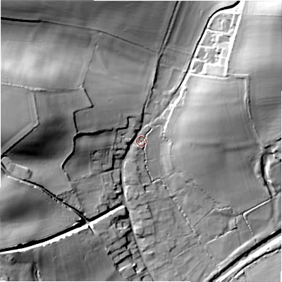 Shaded relief map of the ground around SN84NQ, computed from Environment Agency LiDAR. The ground here sits at about 136 m above sea level and falls 28 m across the surrounding 800 m. Surface water reaching this point runs off ground lying to the north-east, 22.1 m higher.