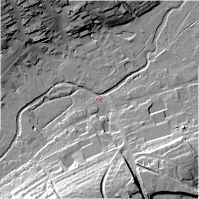 Shaded relief map of the ground around SN84PQ, computed from Environment Agency LiDAR. The ground here sits at about 126 m above sea level and falls 31 m across the surrounding 800 m. Surface water reaching this point runs off ground lying to the south-south-west, 30.3 m higher.