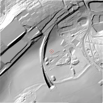 Shaded relief map of the ground around SN84YW, computed from Environment Agency LiDAR. The ground here sits at about 146 m above sea level and falls 66 m across the surrounding 800 m. Surface water reaching this point runs off ground lying to the south-south-east, 44.1 m higher.