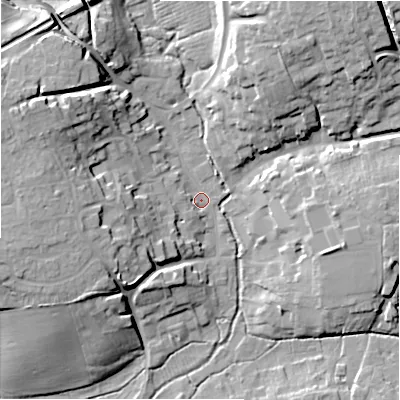 Shaded relief map of the ground around SN95AA, computed from Environment Agency LiDAR. The ground here sits at about 109 m above sea level and falls 18 m across the surrounding 800 m. Surface water reaching this point runs off ground lying to the west-north-west, 16.7 m higher.