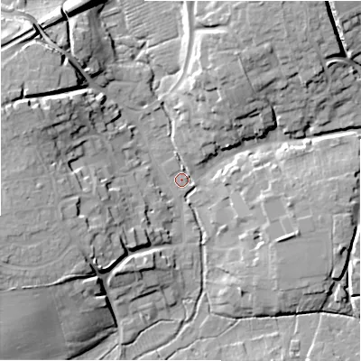 Shaded relief map of the ground around SN95AD, computed from Environment Agency LiDAR. The ground here sits at about 110 m above sea level and falls 18 m across the surrounding 800 m. Surface water reaching this point runs off ground lying to the north-north-east, 10.7 m higher.