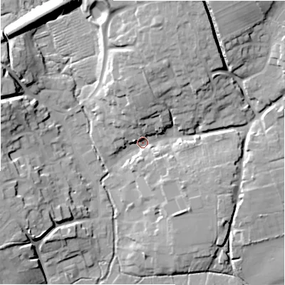 Shaded relief map of the ground around SN95AF, computed from Environment Agency LiDAR. The ground here sits at about 110 m above sea level and falls 17 m across the surrounding 800 m. Surface water reaching this point runs off ground lying to the north-north-east, 15.1 m higher.