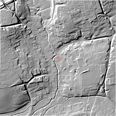 Shaded relief map of the ground around SN95AG, computed from Environment Agency LiDAR. The ground here sits at about 110 m above sea level and falls 18 m across the surrounding 800 m. Surface water reaching this point runs off ground lying to the north-north-east, 15.1 m higher.