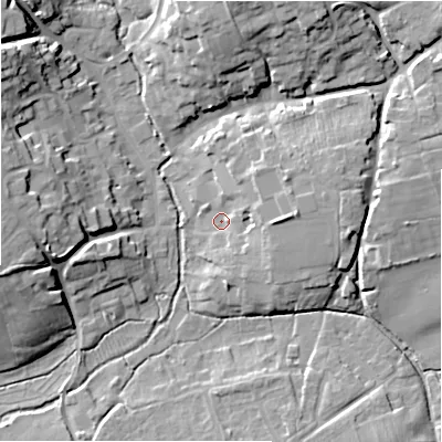Shaded relief map of the ground around SN95DB, computed from Environment Agency LiDAR. The ground here sits at about 111 m above sea level and falls 17 m across the surrounding 800 m. Surface water reaching this point runs off ground lying to the east, 6.7 m higher.
