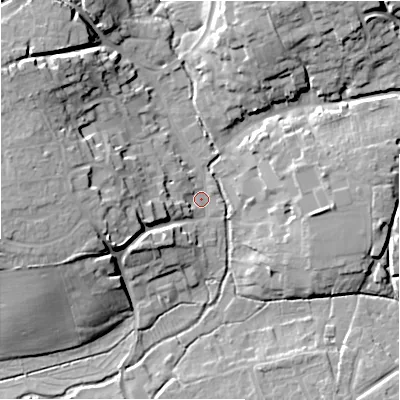 Shaded relief map of the ground around SN95DG, computed from Environment Agency LiDAR. The ground here sits at about 109 m above sea level and falls 19 m across the surrounding 800 m. Surface water reaching this point runs off ground lying to the west-north-west, 16.7 m higher.