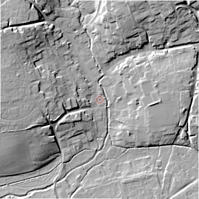 Shaded relief map of the ground around SN95DH, computed from Environment Agency LiDAR. The ground here sits at about 109 m above sea level and falls 19 m across the surrounding 800 m. Surface water reaching this point runs off ground lying to the north-west, 16.6 m higher.
