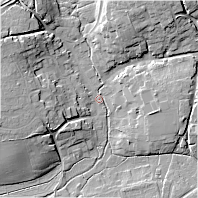 Shaded relief map of the ground around SN95DJ, computed from Environment Agency LiDAR. The ground here sits at about 110 m above sea level and falls 19 m across the surrounding 800 m. Surface water reaching this point runs off ground lying to the west-north-west, 16.6 m higher.