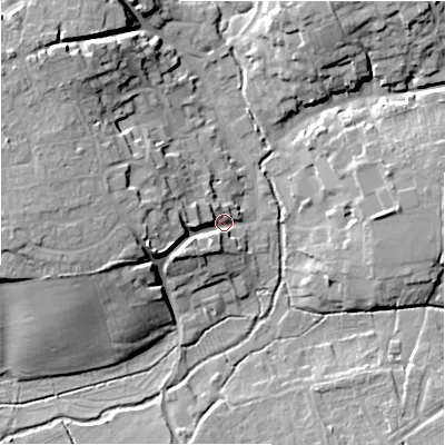 Shaded relief map of the ground around SN95DL, computed from Environment Agency LiDAR. The ground here sits at about 112 m above sea level and falls 19 m across the surrounding 800 m. Surface water reaching this point runs off ground lying to the west, 10.6 m higher.