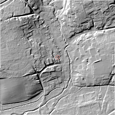 Shaded relief map of the ground around SN95DN, computed from Environment Agency LiDAR. The ground here sits at about 111 m above sea level and falls 19 m across the surrounding 800 m. Surface water reaching this point runs off ground lying to the west-south-west, 6.9 m higher.