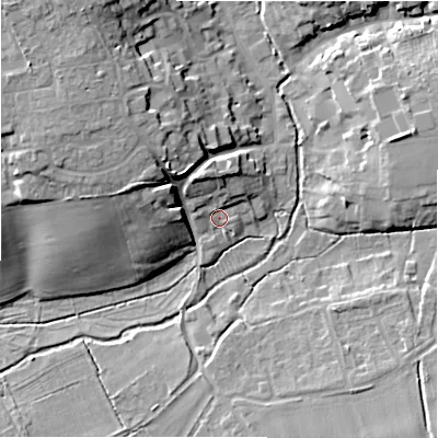 Shaded relief map of the ground around SN95DW, computed from Environment Agency LiDAR. The ground here sits at about 110 m above sea level and falls 18 m across the surrounding 800 m. Surface water reaching this point runs off ground lying to the north-north-west, 7.0 m higher.