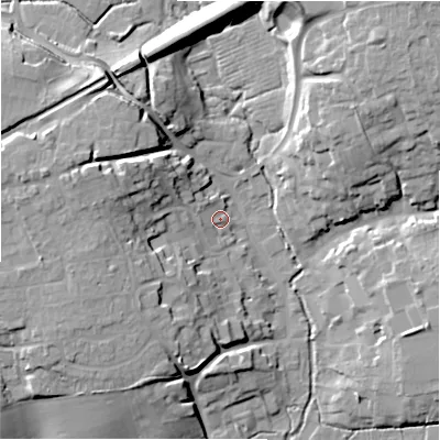 Shaded relief map of the ground around SN95ES, computed from Environment Agency LiDAR. The ground here sits at about 112 m above sea level and falls 18 m across the surrounding 800 m. Surface water reaching this point runs off ground lying to the west-north-west, 3.7 m higher.