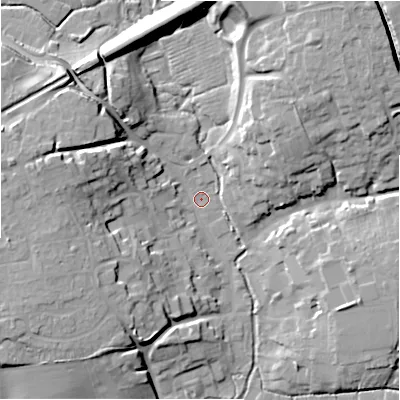 Shaded relief map of the ground around SN95EX, computed from Environment Agency LiDAR. The ground here sits at about 110 m above sea level and falls 18 m across the surrounding 800 m. Surface water reaching this point runs off ground lying to the west, 15.6 m higher.