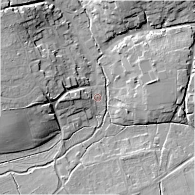 Shaded relief map of the ground around SN95FA, computed from Environment Agency LiDAR. The ground here sits at about 110 m above sea level and falls 19 m across the surrounding 800 m. Surface water reaching this point runs off ground lying to the west, 5.8 m higher.
