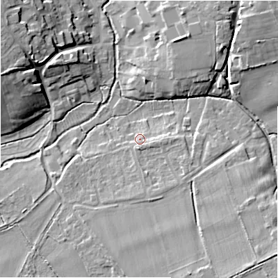 Shaded relief map of the ground around SN95HJ, computed from Environment Agency LiDAR. The ground here sits at about 111 m above sea level and falls 15 m across the surrounding 800 m. Surface water reaching this point runs off ground lying to the south-south-east, 2.7 m higher.