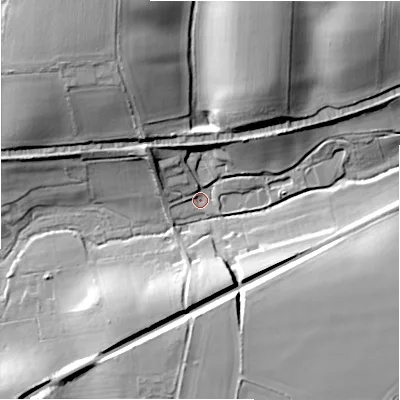 Shaded relief map of the ground around SN95JX, computed from Environment Agency LiDAR. The ground here sits at about 119 m above sea level and falls 27 m across the surrounding 800 m. Surface water reaching this point runs off ground lying to the east-south-east, 19.5 m higher.