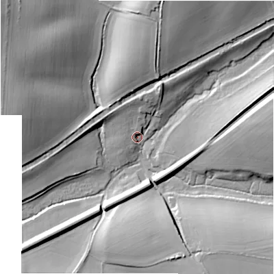 Shaded relief map of the ground around SN95LD, computed from Environment Agency LiDAR. The ground here sits at about 122 m above sea level and falls 28 m across the surrounding 800 m. Surface water reaching this point runs off ground lying to the north, 8.4 m higher.