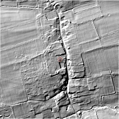 Shaded relief map of the ground around SN95LQ, computed from Environment Agency LiDAR. The ground here sits at about 132 m above sea level and falls 14 m across the surrounding 800 m. Surface water reaching this point runs off ground lying to the west-north-west, 2.2 m higher.