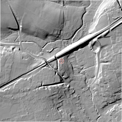 Shaded relief map of the ground around SN95NY, computed from Environment Agency LiDAR. The ground here sits at about 118 m above sea level and falls 19 m across the surrounding 800 m. Surface water reaching this point runs off ground lying to the south-west, 4.8 m higher.