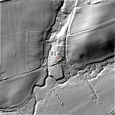 Shaded relief map of the ground around SN95PA, computed from Environment Agency LiDAR. The ground here sits at about 109 m above sea level and falls 20 m across the surrounding 800 m. Surface water reaching this point runs off ground lying to the south-south-east, 1.0 m higher.