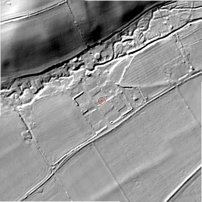 Shaded relief map of the ground around SN95PZ, computed from Environment Agency LiDAR. The ground here sits at about 108 m above sea level and falls 17 m across the surrounding 800 m. Surface water reaching this point runs off ground lying to the east, 1.4 m higher.