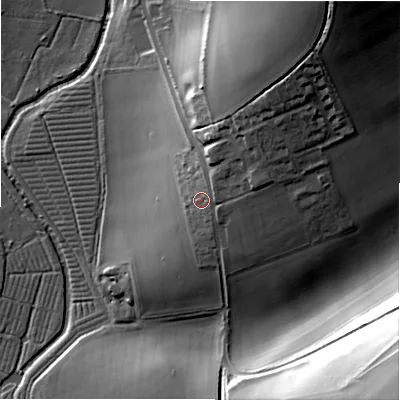 Shaded relief map of the ground around SN96AG, computed from Environment Agency LiDAR. The ground here sits at about 107 m above sea level and falls 53 m across the surrounding 800 m. Surface water reaching this point runs off ground lying to the east-north-east, 3.2 m higher.
