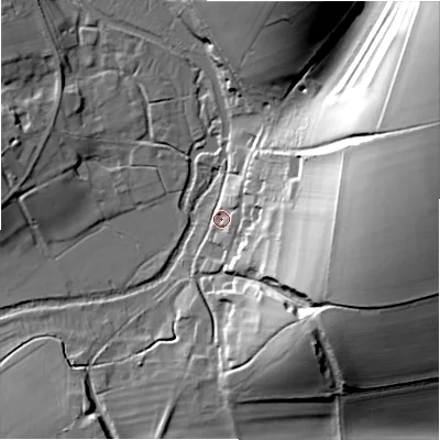 Shaded relief map of the ground around SN96AQ, computed from Environment Agency LiDAR. The ground here sits at about 90 m above sea level and falls 49 m across the surrounding 800 m. Surface water reaching this point runs off ground lying to the east, 44.4 m higher.