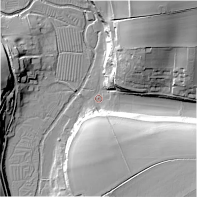 Shaded relief map of the ground around SN96AR, computed from Environment Agency LiDAR. The ground here sits at about 86 m above sea level and falls 39 m across the surrounding 800 m. Surface water reaching this point runs off ground lying to the north-east, 37.4 m higher.