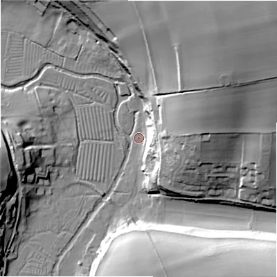 Shaded relief map of the ground around SN96AW, computed from Environment Agency LiDAR. The ground here sits at about 86 m above sea level and falls 46 m across the surrounding 800 m. Surface water reaching this point runs off ground lying to the north-east, 44.8 m higher.