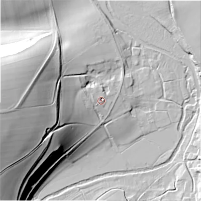 Shaded relief map of the ground around SN96BB, computed from Environment Agency LiDAR. The ground here sits at about 97 m above sea level and falls 55 m across the surrounding 800 m. Surface water reaching this point runs off ground lying to the west-south-west, 2.6 m higher.
