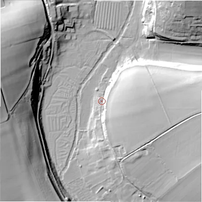 Shaded relief map of the ground around SN96DD, computed from Environment Agency LiDAR. The ground here sits at about 87 m above sea level and falls 35 m across the surrounding 800 m. Surface water reaching this point runs off ground lying to the east, 22.1 m higher.