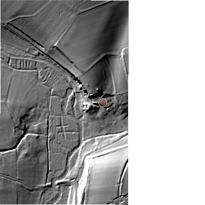 Shaded relief map of the ground around SN96DE, computed from Environment Agency LiDAR. The ground here sits at about 89 m above sea level and falls 31 m across the surrounding 800 m. Surface water reaching this point runs off ground lying to the north-north-west, 10.3 m higher.