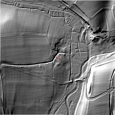 Shaded relief map of the ground around SN96DQ, computed from Environment Agency LiDAR. The ground here sits at about 87 m above sea level and falls 26 m across the surrounding 800 m. Surface water reaching this point runs off ground lying to the west, 18.1 m higher.