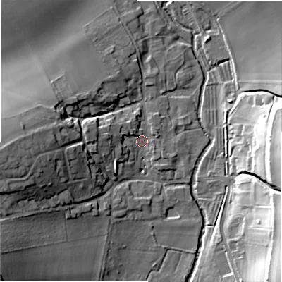 Shaded relief map of the ground around SN96EA, computed from Environment Agency LiDAR. The ground here sits at about 93 m above sea level and falls 28 m across the surrounding 800 m. Surface water reaching this point runs off ground lying to the west, 8.4 m higher.
