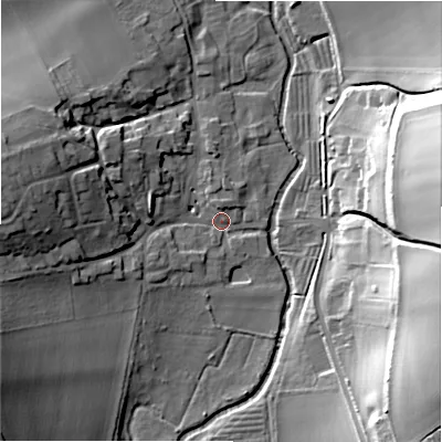 Shaded relief map of the ground around SN96EB, computed from Environment Agency LiDAR. The ground here sits at about 92 m above sea level and falls 36 m across the surrounding 800 m. Surface water reaching this point runs off ground lying to the west-north-west, 18.2 m higher.
