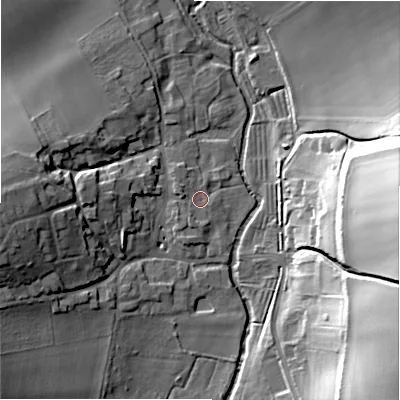 Shaded relief map of the ground around SN96FA, computed from Environment Agency LiDAR. The ground here sits at about 92 m above sea level and falls 40 m across the surrounding 800 m. Surface water reaching this point runs off ground lying to the south-west, 1.7 m higher.