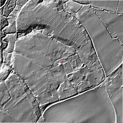 Shaded relief map of the ground around SN96JW, computed from Environment Agency LiDAR. The ground here sits at about 104 m above sea level and falls 11 m across the surrounding 800 m. Surface water reaching this point runs off ground lying to the south-east, 2.6 m higher.