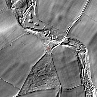 Shaded relief map of the ground around SN96JZ, computed from Environment Agency LiDAR. The ground here sits at about 101 m above sea level and falls 14 m across the surrounding 800 m. Surface water reaching this point runs off ground lying to the south-south-west, 3.0 m higher.