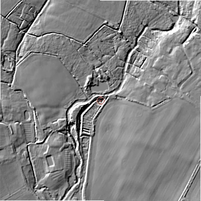 Shaded relief map of the ground around SN96NR, computed from Environment Agency LiDAR. The ground here sits at about 97 m above sea level and falls 8 m across the surrounding 800 m. Surface water reaching this point runs off ground lying to the east-north-east, 5.6 m higher.
