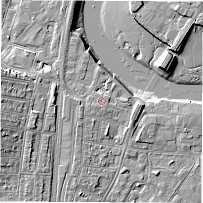 Shaded relief map of the ground around SO140AF, computed from Environment Agency LiDAR. The ground here sits at about 4 m above sea level and falls 11 m across the surrounding 800 m. Surface water reaching this point runs off ground lying to the south-west, 0.5 m higher.