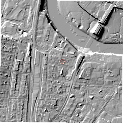 Shaded relief map of the ground around SO140FN, computed from Environment Agency LiDAR. The ground here sits at about 4 m above sea level and falls 10 m across the surrounding 800 m. Surface water reaching this point runs off ground lying to the west-north-west, 1.0 m higher.