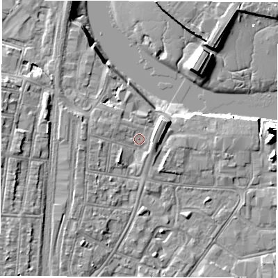 Shaded relief map of the ground around SO140FP, computed from Environment Agency LiDAR. The ground here sits at about 3 m above sea level and falls 20 m across the surrounding 800 m. Surface water reaching this point runs off ground lying to the south-west, 2.3 m higher.