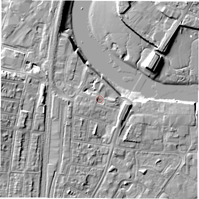 Shaded relief map of the ground around SO140FT, computed from Environment Agency LiDAR. The ground here sits at about 3 m above sea level and falls 10 m across the surrounding 800 m. Surface water reaching this point runs off ground lying to the west, 0.8 m higher.