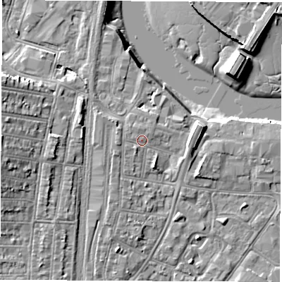 Shaded relief map of the ground around SO140PJ, computed from Environment Agency LiDAR. The ground here sits at about 4 m above sea level and falls 11 m across the surrounding 800 m. Surface water reaching this point runs off ground lying to the north, 0.8 m higher.