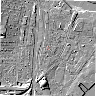 Shaded relief map of the ground around SO140PN, computed from Environment Agency LiDAR. The ground here sits at about 4 m above sea level and falls 13 m across the surrounding 800 m. The ground contributing surface water to this point lies to the west-north-west.