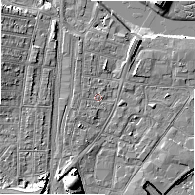 Shaded relief map of the ground around SO140PP, computed from Environment Agency LiDAR. The ground here sits at about 3 m above sea level and falls 13 m across the surrounding 800 m. Surface water reaching this point runs off ground lying to the west, 1.0 m higher.