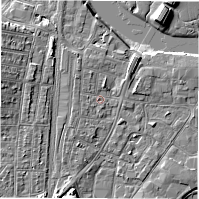 Shaded relief map of the ground around SO140PT, computed from Environment Agency LiDAR. The ground here sits at about 3 m above sea level and falls 11 m across the surrounding 800 m. Surface water reaching this point runs off ground lying to the west-south-west, 1.6 m higher.