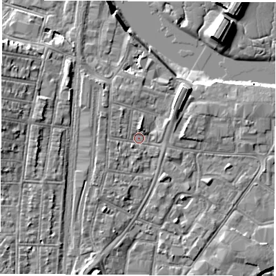 Shaded relief map of the ground around SO140PU, computed from Environment Agency LiDAR. The ground here sits at about 3 m above sea level and falls 11 m across the surrounding 800 m. Surface water reaching this point runs off ground lying to the north-north-east, 2.2 m higher.