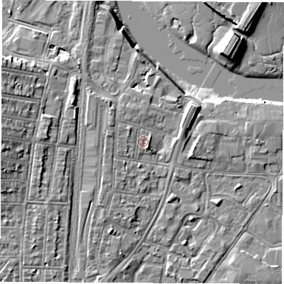 Shaded relief map of the ground around SO140PW, computed from Environment Agency LiDAR. The ground here sits at about 3 m above sea level and falls 10 m across the surrounding 800 m. Surface water reaching this point runs off ground lying to the west-north-west, 0.7 m higher.