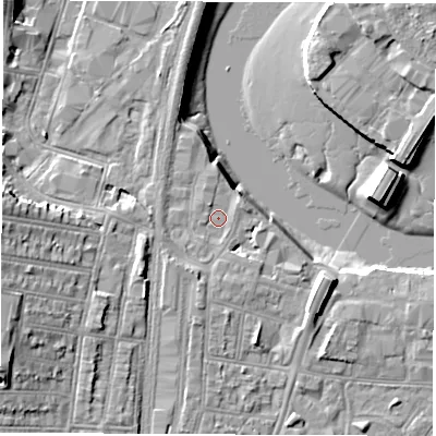 Shaded relief map of the ground around SO140QB, computed from Environment Agency LiDAR. The ground here sits at about 3 m above sea level and falls 13 m across the surrounding 800 m. Surface water reaching this point runs off ground lying to the south-south-west, 1.9 m higher.