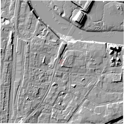 Shaded relief map of the ground around SO140QE, computed from Environment Agency LiDAR. The ground here sits at about 3 m above sea level and falls 20 m across the surrounding 800 m. Surface water reaching this point runs off ground lying to the south-south-east, 1.4 m higher.